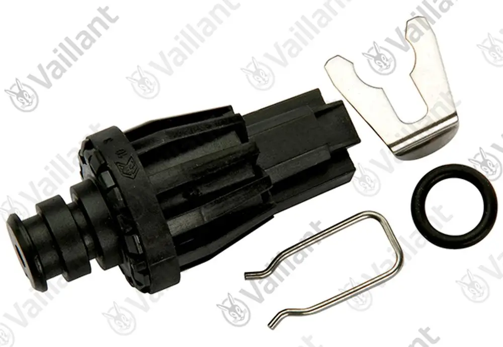 Wasserdrucksensor von Vaillant, bestehend aus einem Hauptteil, einer Feder, einem O-Ring und einem Halteclip. Komponenten in dunkler Farbe, für technische Anwendungen.